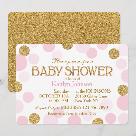 Glitter en roze Stippen Baby shower Kaart (Voorkant / Achterkant)