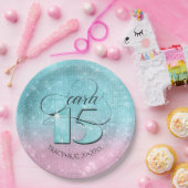 Glitter en Shine Quinceanera Blauwgroen/Roze ID701 Papieren Bordje (Feest)