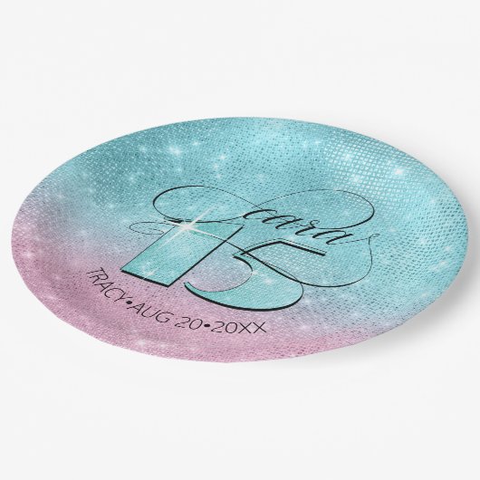 Glitter en Shine Quinceanera Blauwgroen/Roze ID701 Papieren Bordje (Gekanteld)