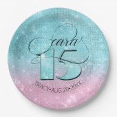 Glitter en Shine Quinceanera Blauwgroen/Roze ID701 Papieren Bordje (Voorkant)