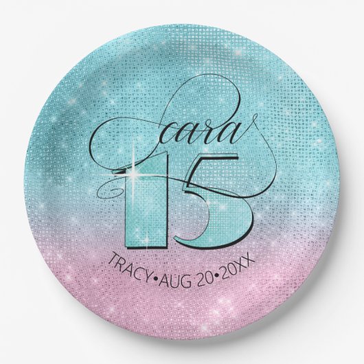 Glitter en Shine Quinceanera Blauwgroen/Roze ID701 Papieren Bordje (Voorkant)