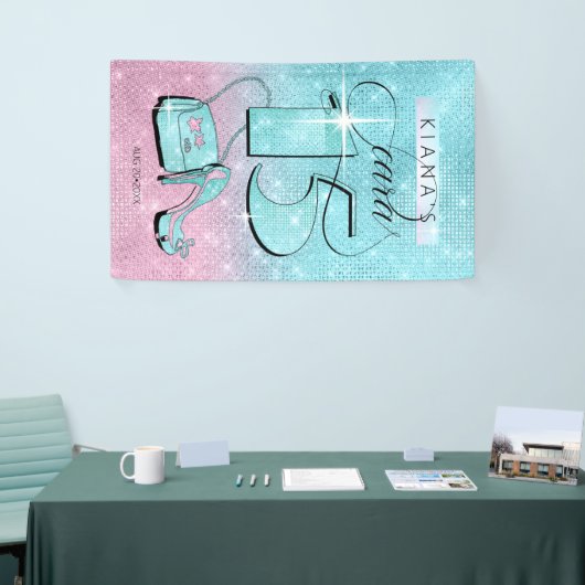 Glitter en Shine Quinceanera Blauwgroen/Roze Vert Spandoek (Beurs)