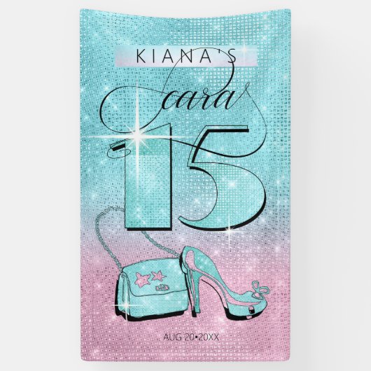 Glitter en Shine Quinceanera Blauwgroen/Roze Vert Spandoek (Verticaal)