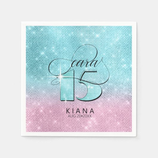 Glitter en Shine Quinceanera V1 Blauwgroen/Roze ID Servet (Voorkant)