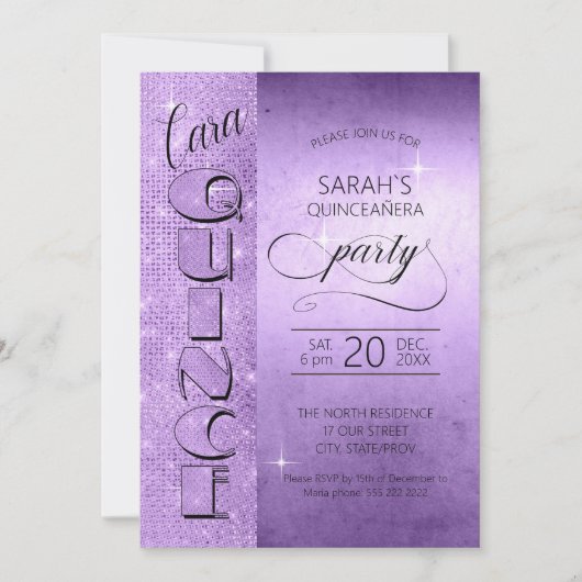 Glitter en Shine Quinceanera Violet ID701 Kaart (Voorkant)