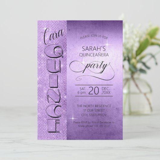 Glitter en Shine Quinceanera Violet ID701 Kaart (Staand voorkant)