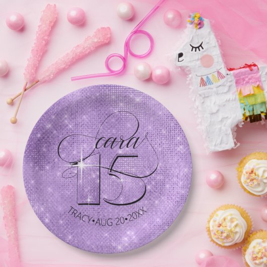 Glitter en Shine Quinceanera Violet ID701 Papieren Bordje (Feest)