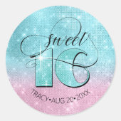Glitter en Shine Sweet 16 Blauwgroen/Roze ID675 Ronde Sticker (Voorkant)