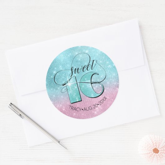 Glitter en Shine Sweet 16 Blauwgroen/Roze ID675 Ronde Sticker (Envelop)