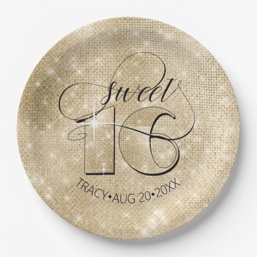 Glitter en Shine Sweet 16 Gold ID675 Papieren Bordje (Voorkant)