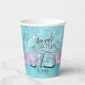 Glitter en Shine Sweet 16 V2 Blauwgroen/Roze ID675 Papieren Bekers (Achterkant)