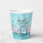 Glitter en Shine Sweet 16 V2 Blauwgroen/Roze ID675 Papieren Bekers (Voorkant)