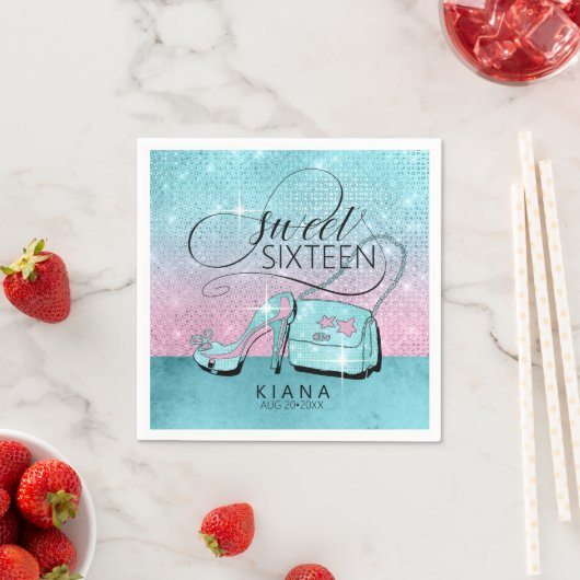 Glitter en Shine Sweet 16 V2 Blauwgroen/Roze ID675 Servet (Insitu)