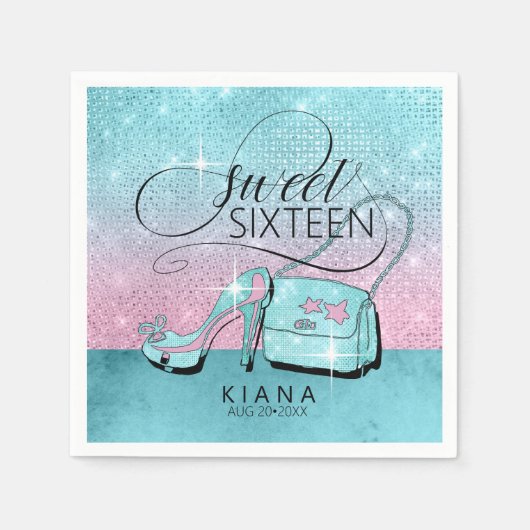 Glitter en Shine Sweet 16 V2 Blauwgroen/Roze ID675 Servet (Voorkant)