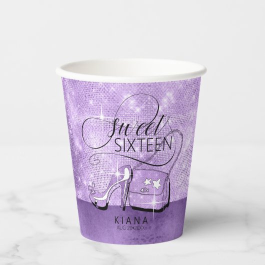 Glitter en Shine Sweet 16 V2 Violet ID675 Papieren Bekers (Voorkant)