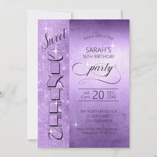 Glitter en Shine Sweet 16 Violet ID675 Kaart (Voorkant)
