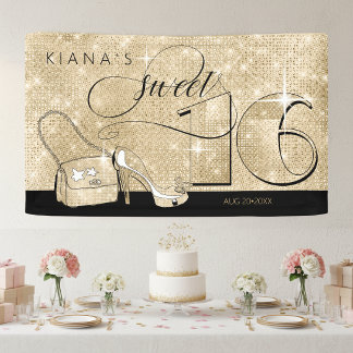 Glitter en Shine Sweet 16 Zwart/Goud Hor ID675 Spandoek