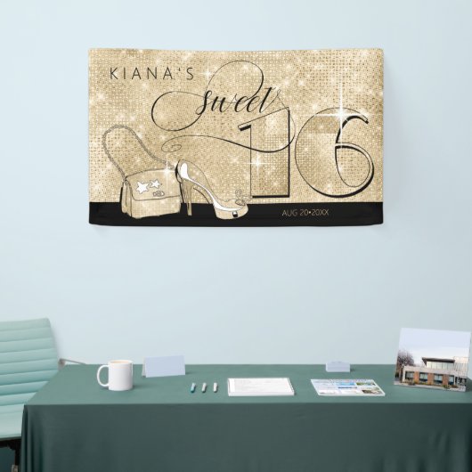 Glitter en Shine Sweet 16 Zwart/Gouden Hor ID675 Spandoek (Beurs)