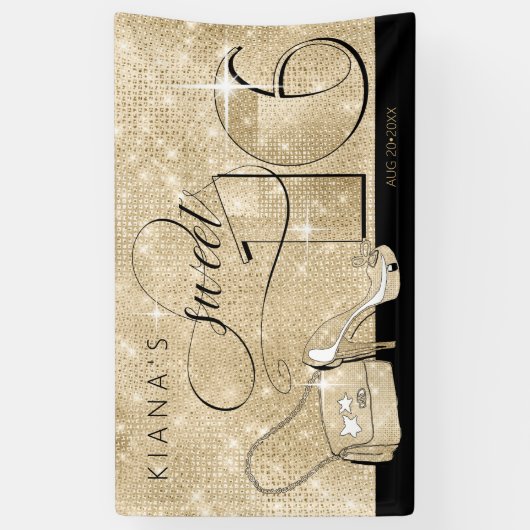 Glitter en Shine Sweet 16 Zwart/Gouden Hor ID675 Spandoek (Verticaal)