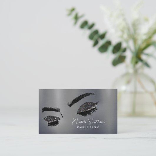 Glitter Eyes geborsteld Metal Makeup Artist Silver Visitekaartje (Staand voorkant)