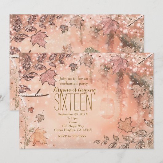 Glitter Fall verlaat Roos Gold Autumn Invitations Kaart (Voorkant / Achterkant)