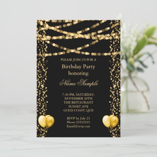 Glitter Faux Folie Gold Balloons Zwarte Dag Kaart (Staand voorkant)