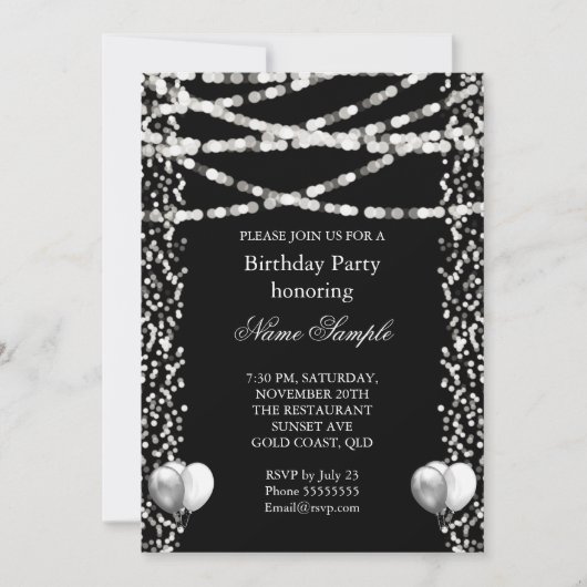 Glitter Faux Folie Silver Balloons Black Birthday Kaart (Voorkant)