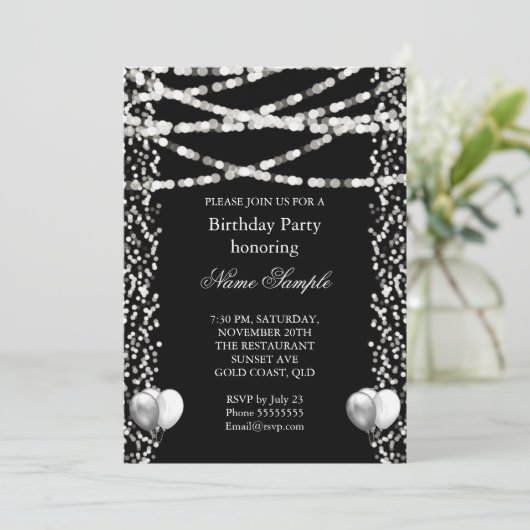 Glitter Faux Folie Silver Balloons Black Birthday Kaart (Staand voorkant)