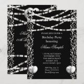 Glitter Faux Folie Silver Balloons Black Birthday Kaart (Voorkant / Achterkant)