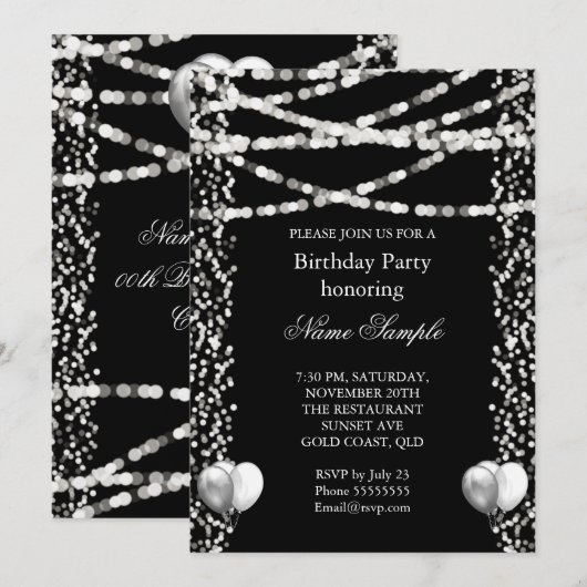 Glitter Faux Folie Silver Balloons Black Birthday Kaart (Voorkant / Achterkant)