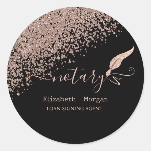 Glitter Feather Notary Rose Gold Diamonds Black Ronde Sticker (Voorkant)