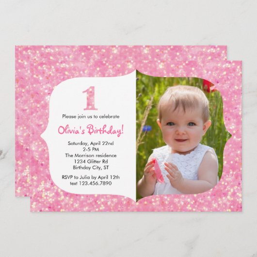 Glitter First Birthday Uitnodiging (Voorkant / Achterkant)