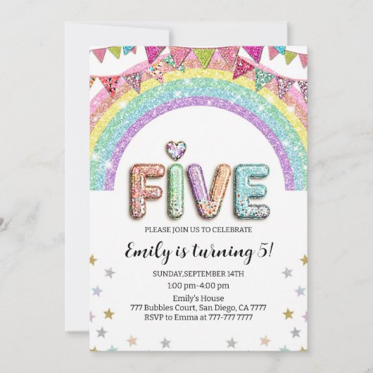 Glitter FIVE Girly Rainbow Sequin 5th Birthday Kaart (Voorkant)