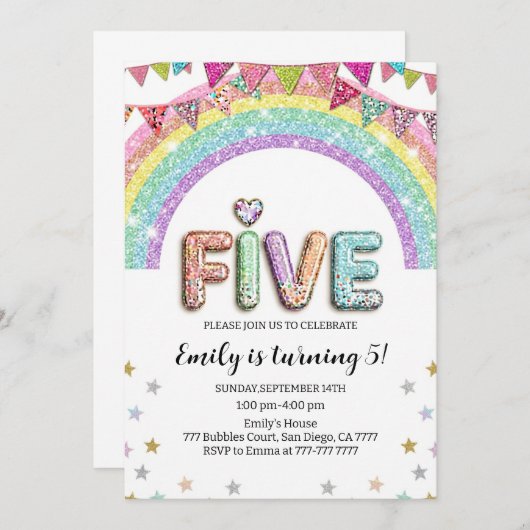 Glitter FIVE Girly Rainbow Sequin 5th Birthday Kaart (Voorkant / Achterkant)