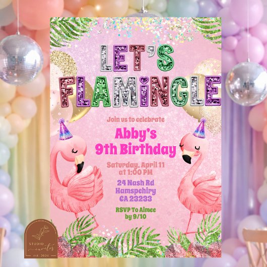 Glitter Flamingle Sequin Girl Birthday  Kaart