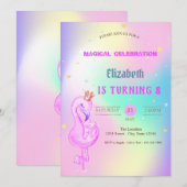 Glitter Flamingo, Crown Ombre Holographic Birthday Kaart (Voorkant / Achterkant)