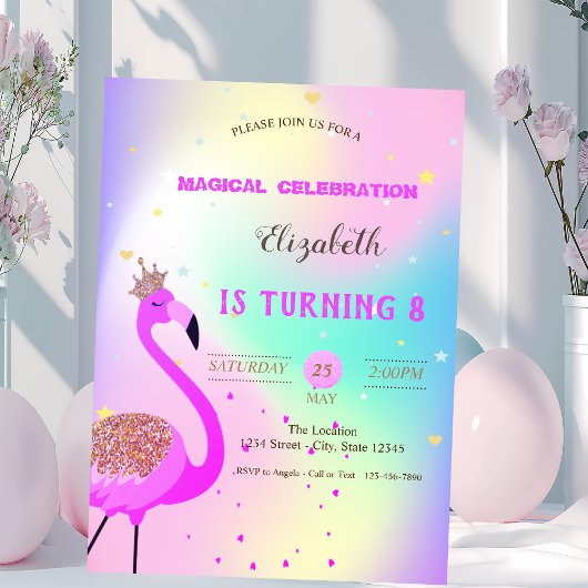 Glitter Flamingo, Ombre Holographic Birthday Kaart