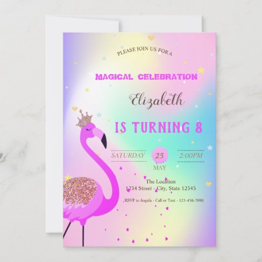 Glitter Flamingo, Ombre Holographic Birthday Kaart (Voorkant)