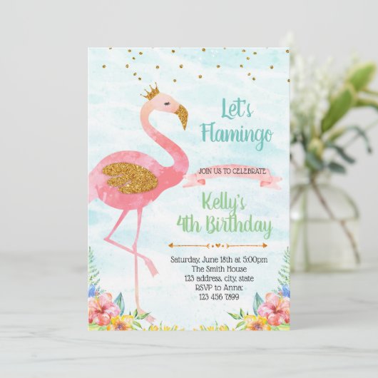 Glitter flamingo partijuitnodiging kaart (Staand voorkant)