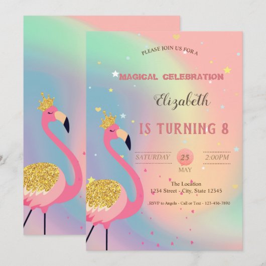 Glitter Flamingo, Pastel Colorful Holographic Kaart (Voorkant / Achterkant)