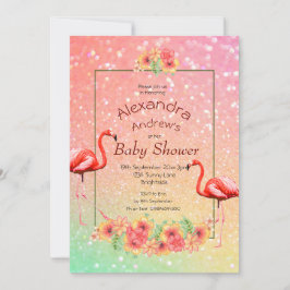 Glitter Flamingo Tropical Flowers Baby shower Kaart