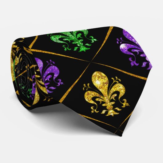 Glitter Fleur de Lis Diamant Mardi Gras Stropdas (Opgerold)