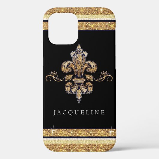 Glitter Fleur de Lis Gold Black Franse Jouw naam Case-Mate iPhone Case (Achterkant)