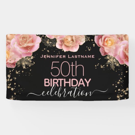 Glitter Floral Elk jaar verjaardagsfeest Banner (Horizontaal)