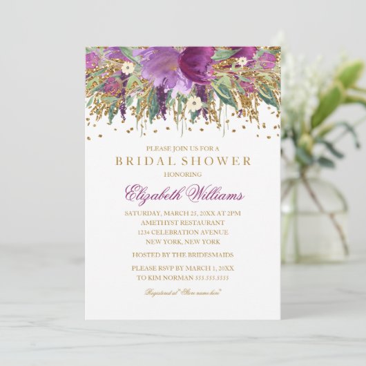 Glitter Floral Sparkling Amethyst Vrijgezellenfees Kaart (Staand voorkant)