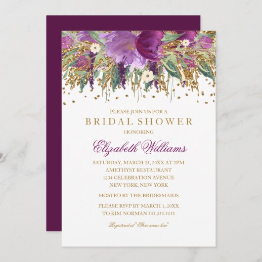 Glitter Floral Sparkling Amethyst Vrijgezellenfees Kaart (Voorkant / Achterkant)