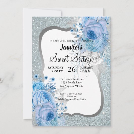 Glitter Floral Sweet 16 Birthday Invitation Kaart (Voorkant)