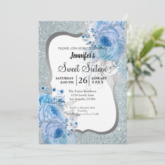 Glitter Floral Sweet 16 Birthday Invitation Kaart (Staand voorkant)