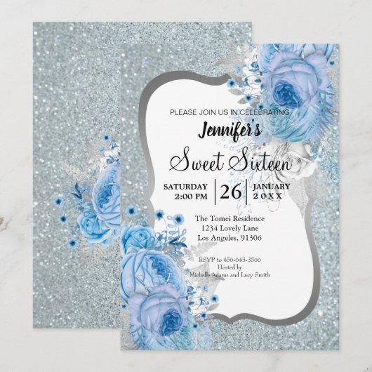 Glitter Floral Sweet 16 Birthday Invitation Kaart (Voorkant / Achterkant)