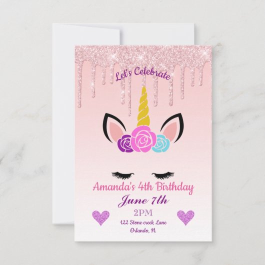 Glitter Floral Unicorn Birthday uitdrogen Kaart (Voorkant)